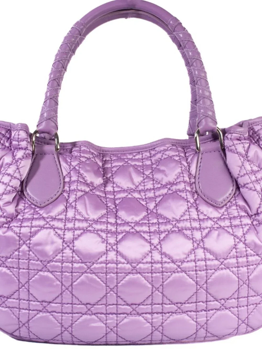 Authentic Christian Dior Light Purple Cannage Quilted Satin Nylon Charming Tote